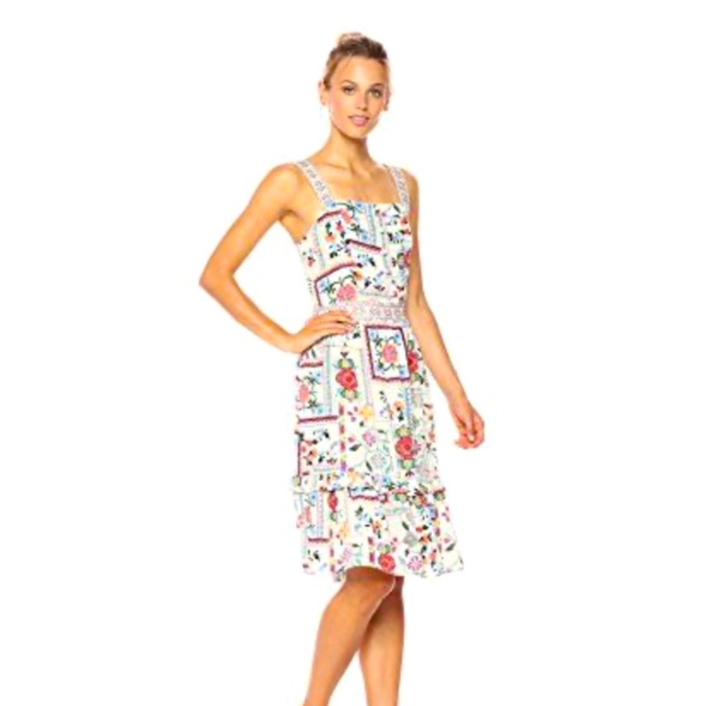 White Floral Patchwork Mini Dress with Square Neckline